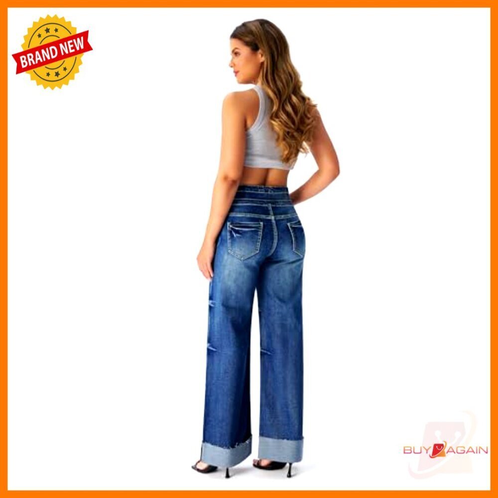 High Waisted Stretchy Wide Leg Jeans Cuffed Baggy Loose Denim Pants - Picture 6 of 7
